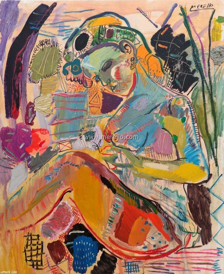 Pintores Españoles Actuales-Siglo XXI-21- Pintura española contemporanea-José Manuel Merello.- Mujer Azul con Flor (100x81 cm)mixta-lienzo