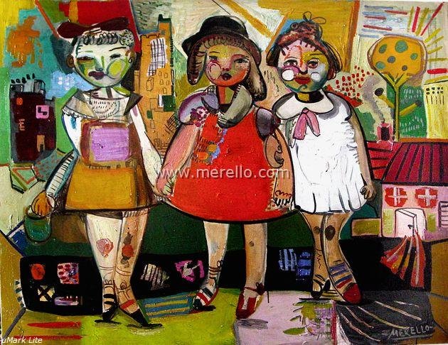 Pintores Españoles Actuales-Siglo XXI-21- Pintura española contemporanea-Jose Manuel Merello. Las Tres Amigas (114x146 cm)mixta-lienzo